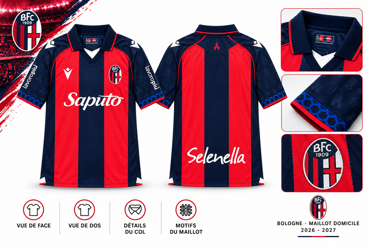 Maillot Domicile Bologne FC 2026-2027 Rouge & Bleu Marine — vue de face, de dos et détails