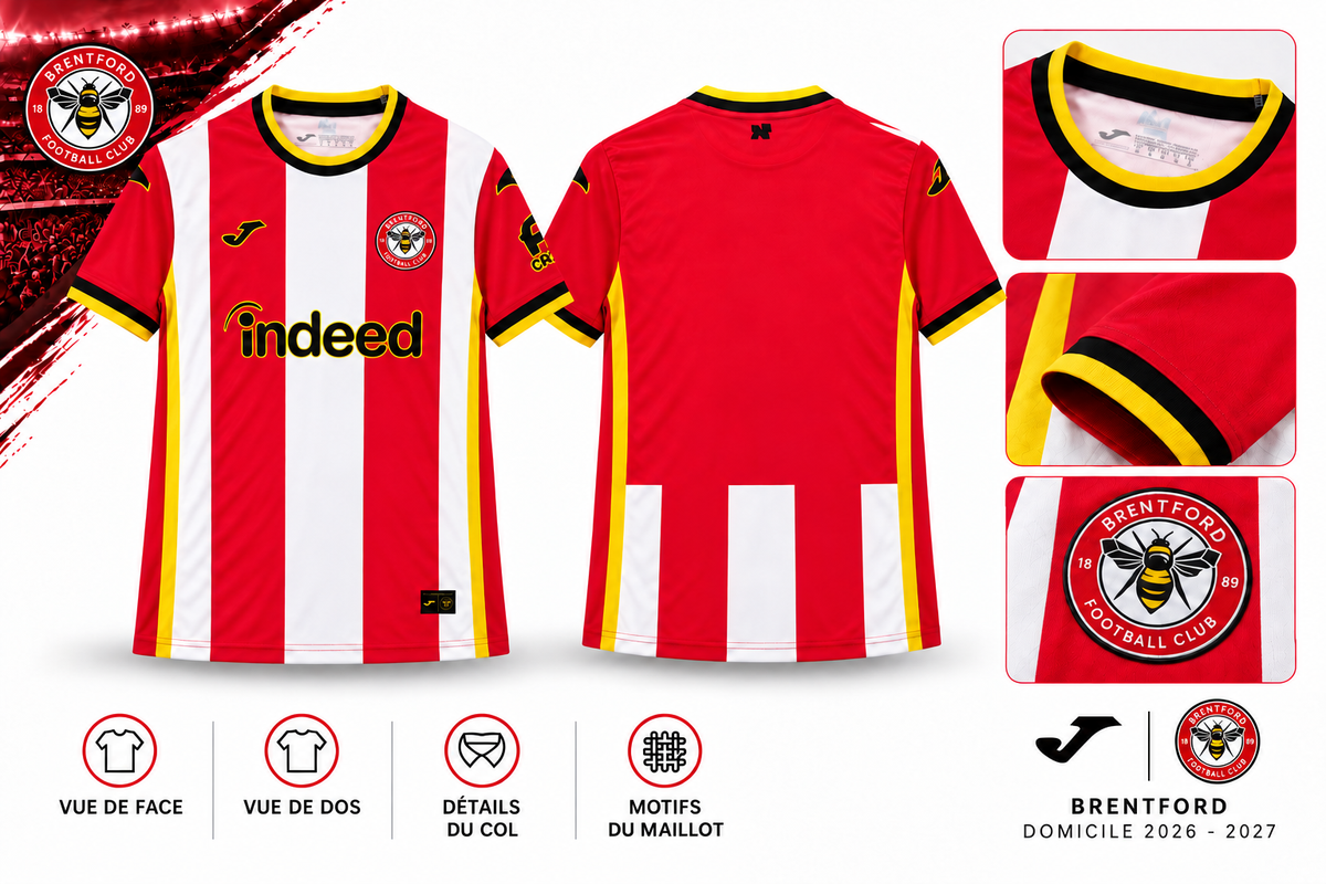 Maillot Brentford Domicile 2026-2027 – Rouge & Blanc – Présentation face, dos et détails