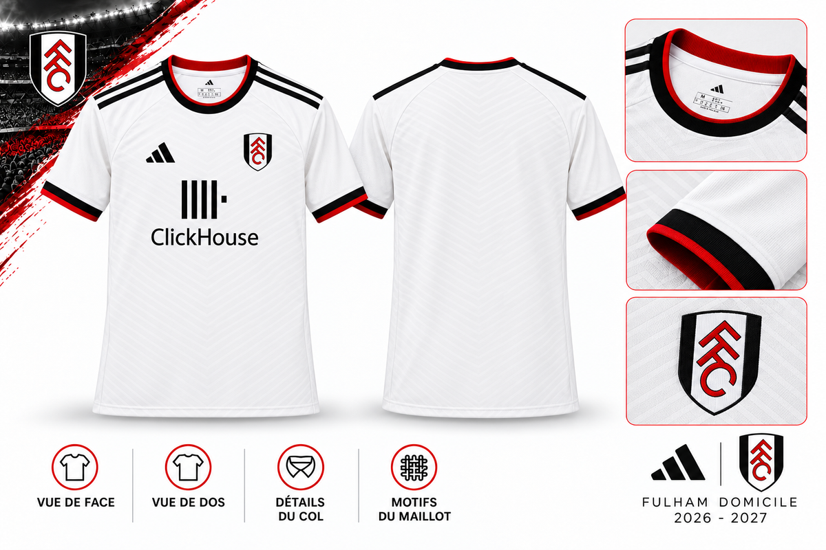 Maillot Fulham Domicile 2026-2027 – Blanc, Noir & Rouge – Vue de face, de dos et détails