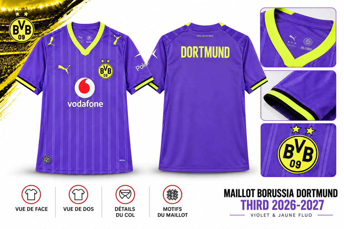 Maillot Borussia Dortmund Third 2026-2027 – Violet & Jaune Fluo — face, dos et détails