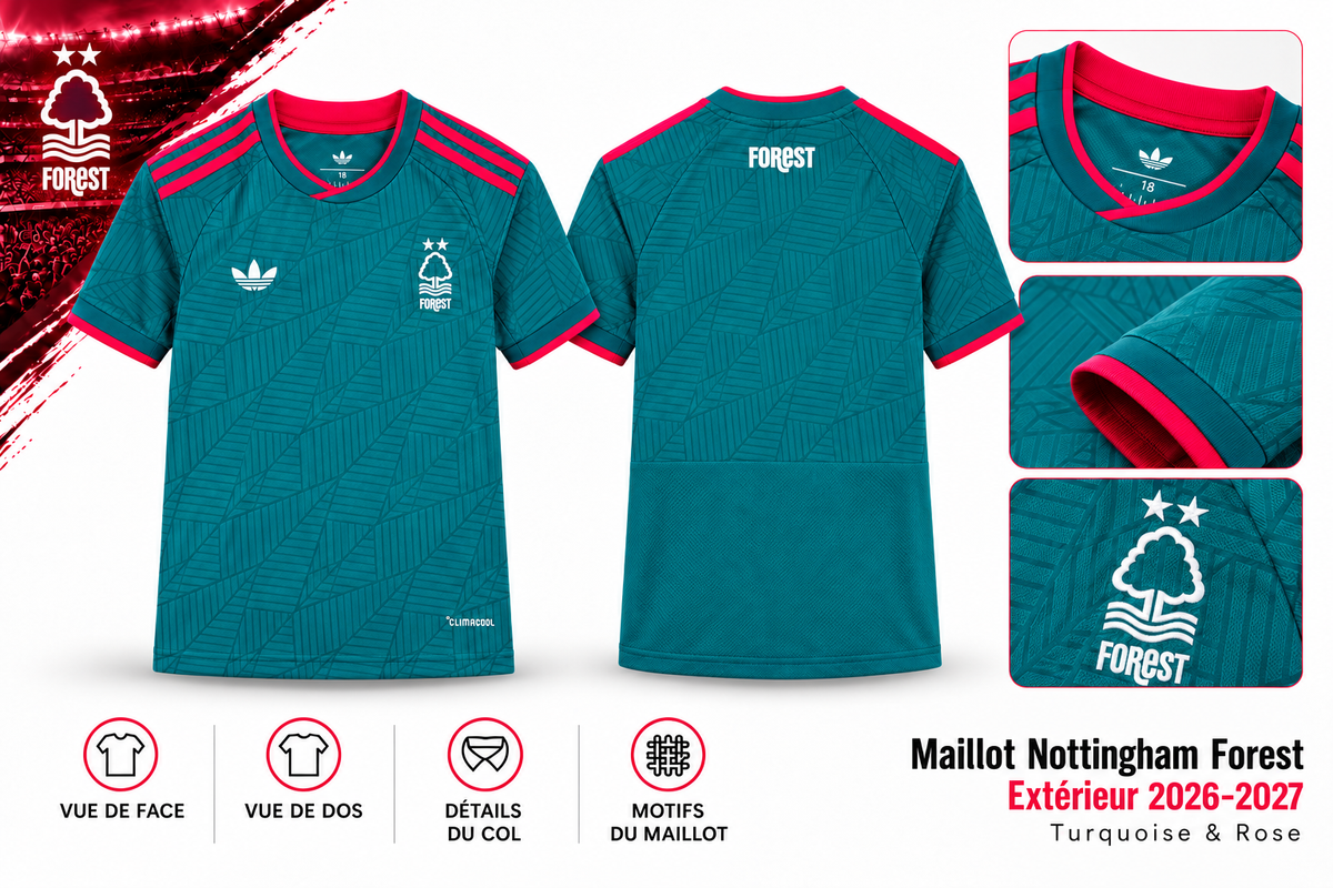 Maillot Nottingham Forest Extérieur 2026-2027 – Turquoise & Rose — synthese