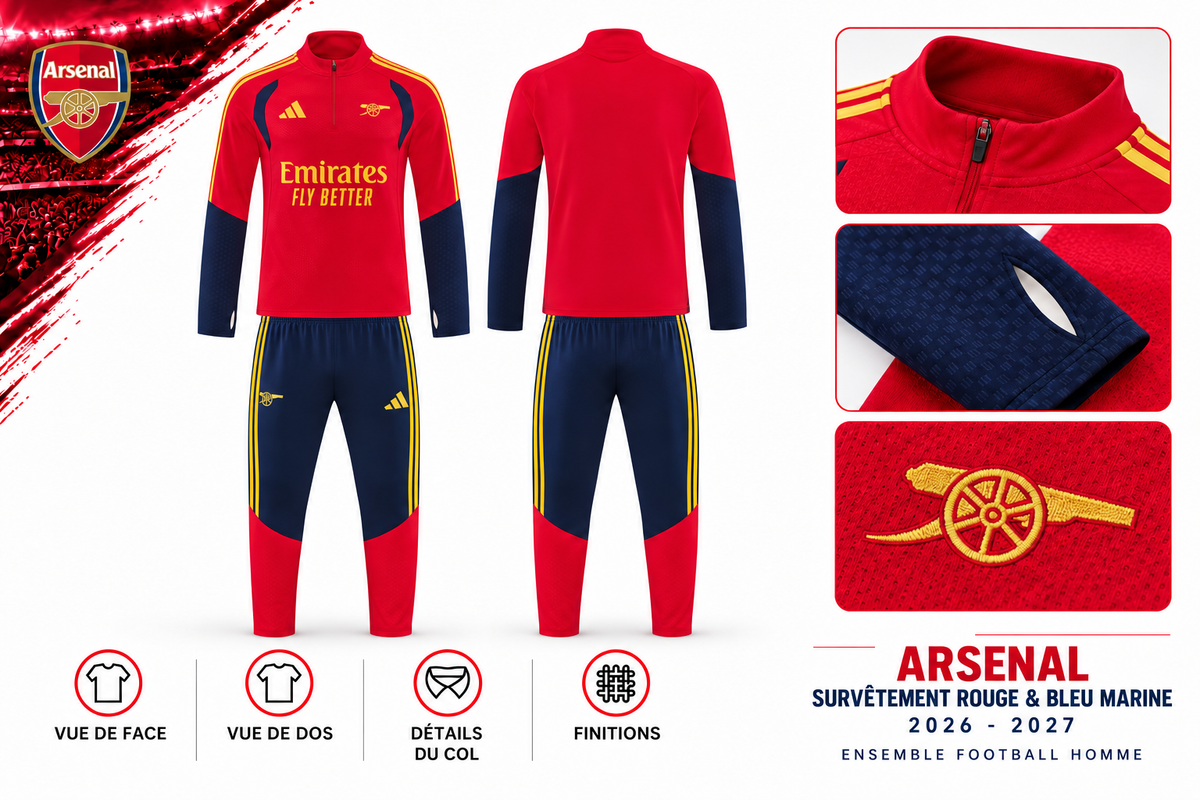 Survêtement Arsenal Rouge & Bleu Marine 2026-2027 – Ensemble Football Homme — face, dos et détails