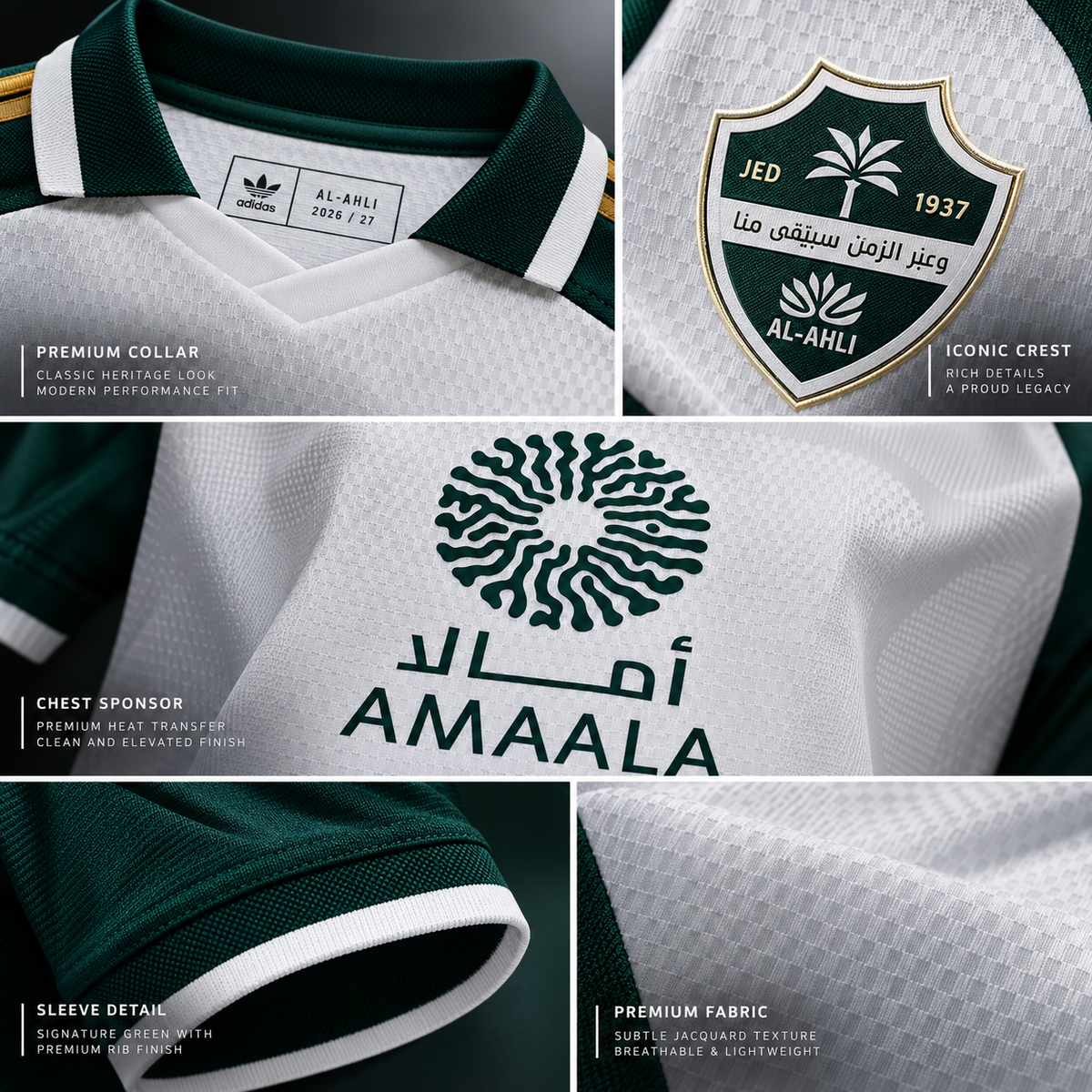 Al-Ahli Saudi maillot extérieur blanc vert 2026/27 detail