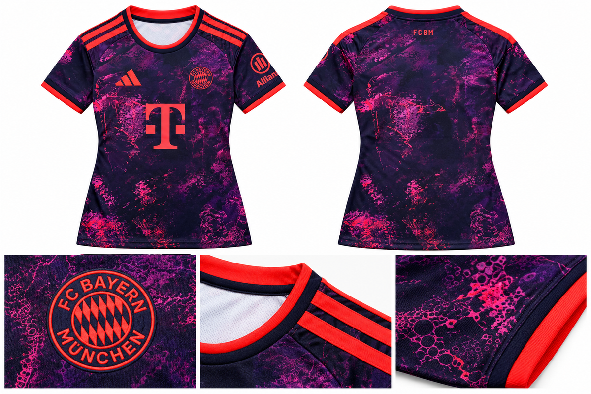 Détails du maillot Bayern Munich third femme 2026-2027 : écusson, col et motif violet et rose