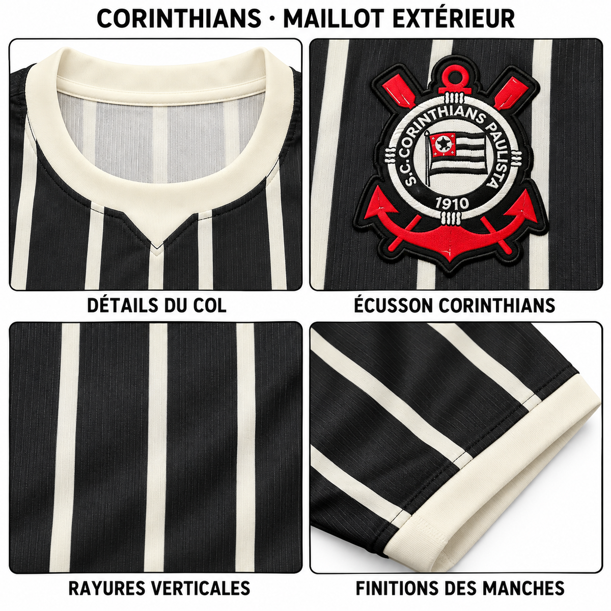 Corinthians extérieur – gros plans du col, écusson, rayures et manches