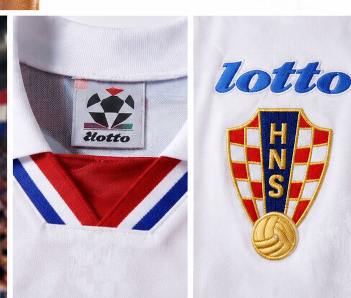 Détails de l’écusson HNS, du logo Lotto et du tissu du maillot Croatie 1998