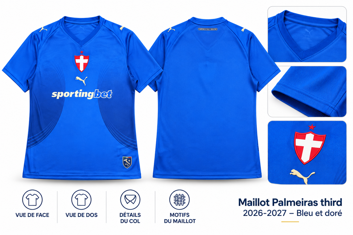 Maillot Palmeiras third 2026-2027 – Bleu et doré — présentation face, dos et détails sur fond blanc