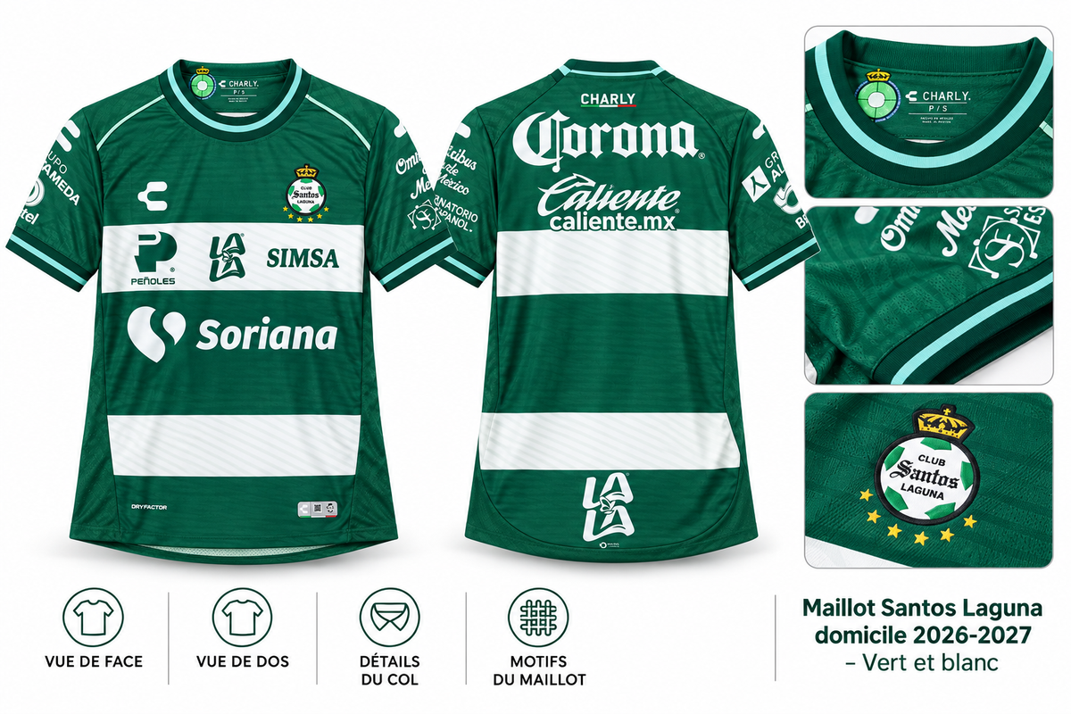 Maillot Santos Laguna domicile 2026-2027 – Vert et blanc — présentation face, dos et détails sur fond blanc
