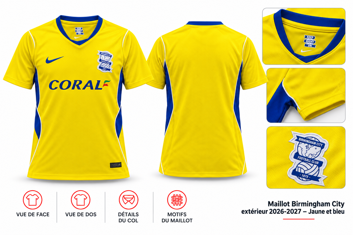 Maillot Birmingham City extérieur 2026-2027 – Jaune et bleu — présentation face, dos et détails sur fond blanc
