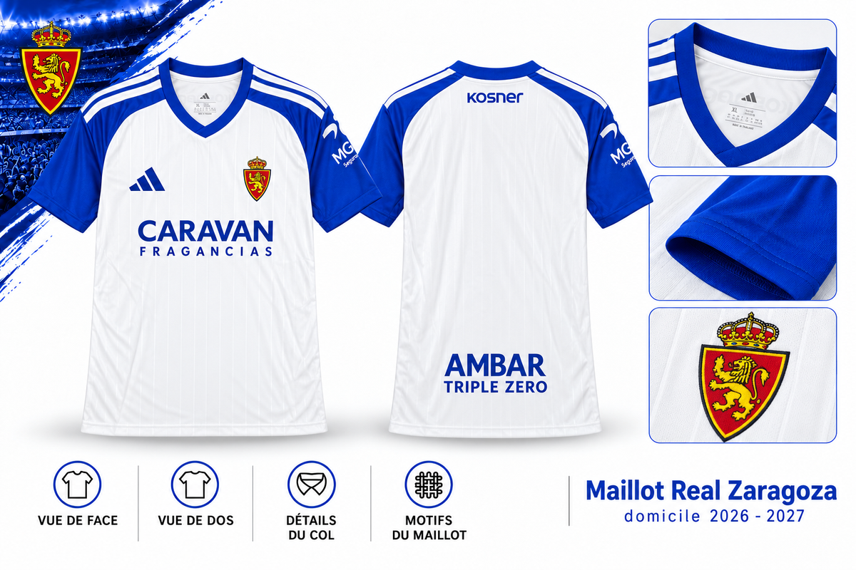 Maillot Real Zaragoza domicile 2026-2027 – vue d’ensemble face, dos et détails