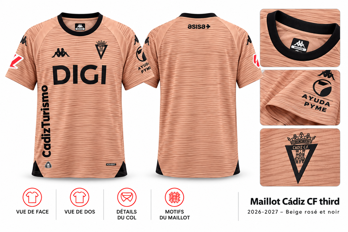 Maillot Cádiz CF third 2026-2027 – Beige rosé et noir — présentation face, dos et détails sur fond blanc