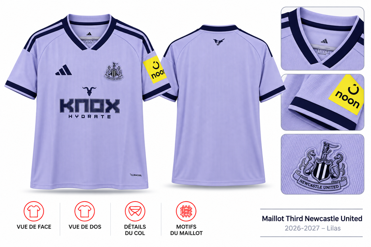 Maillot Third Newcastle United 2026-2027 – Lilas — présentation face, dos et détails sur fond blanc