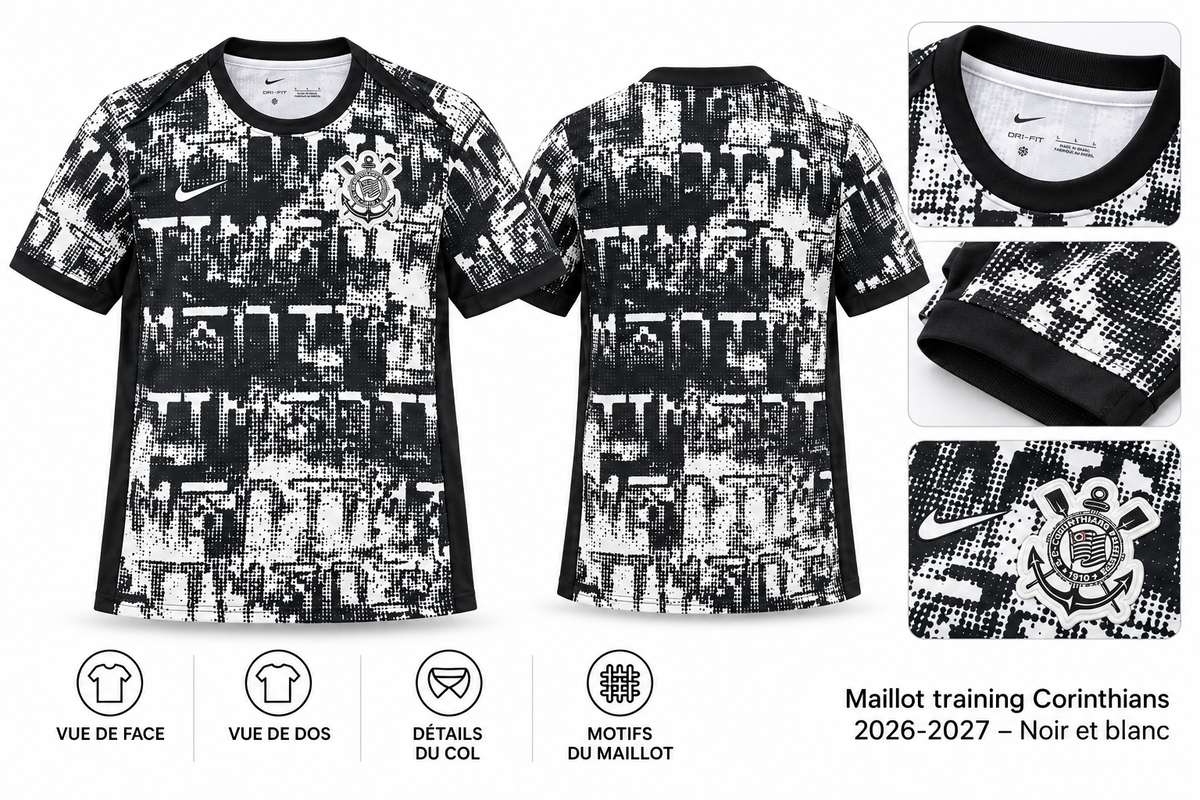 Maillot training Corinthians 2026-2027 – Noir et blanc — présentation face, dos et détails sur fond blanc