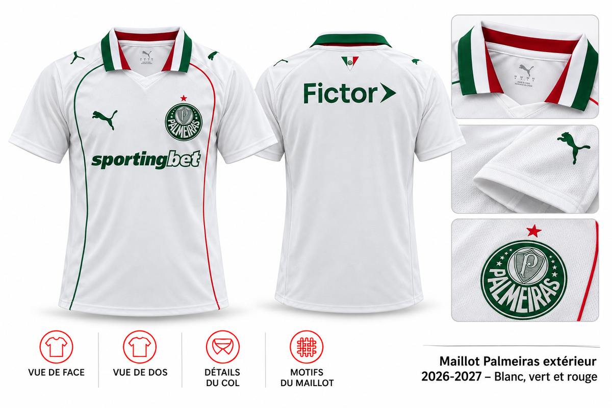 Maillot Palmeiras extérieur 2026-2027 – Blanc, vert et rouge — présentation face, dos et détails sur fond blanc