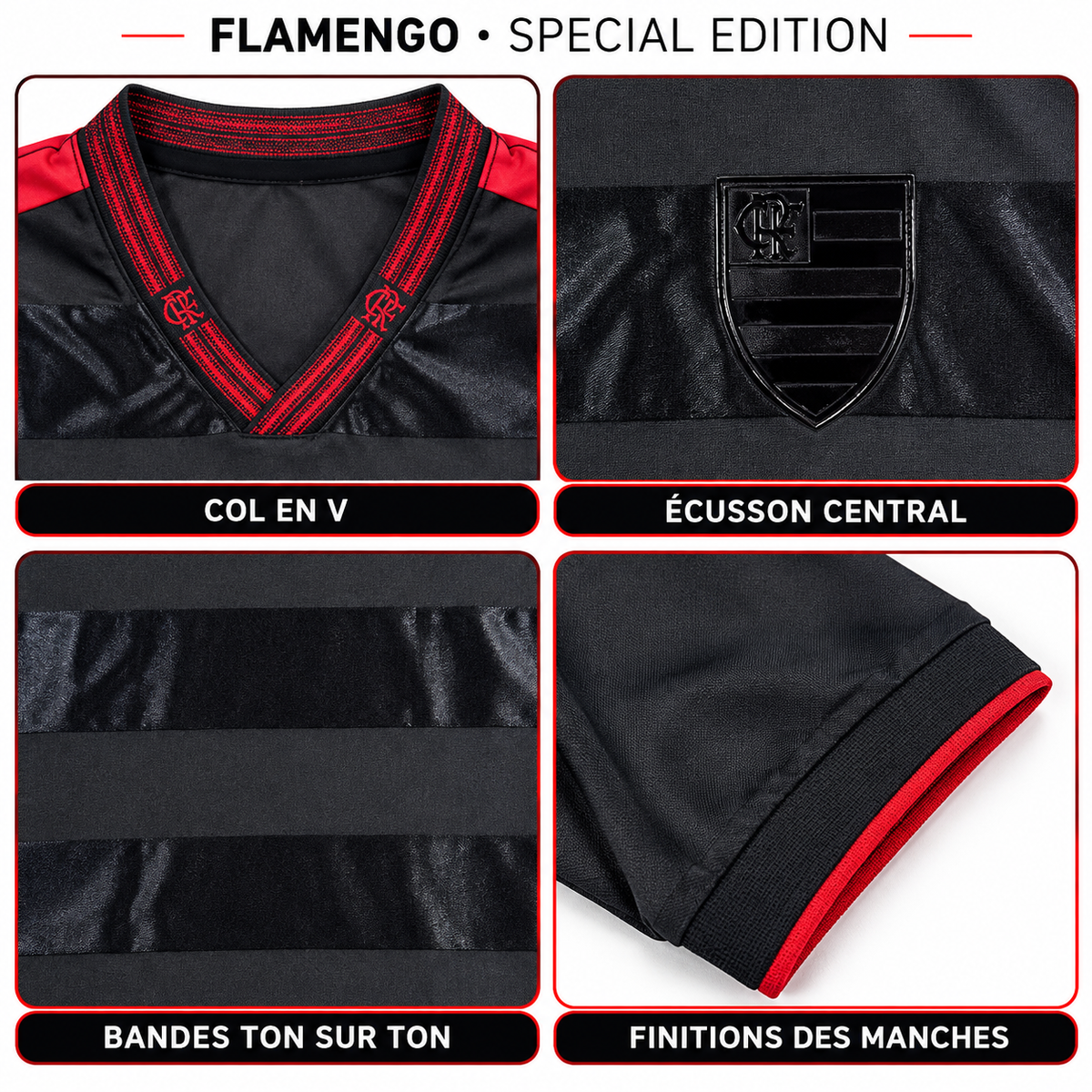 Flamengo Special Edition – gros plans du col, écusson central, bandes et manches