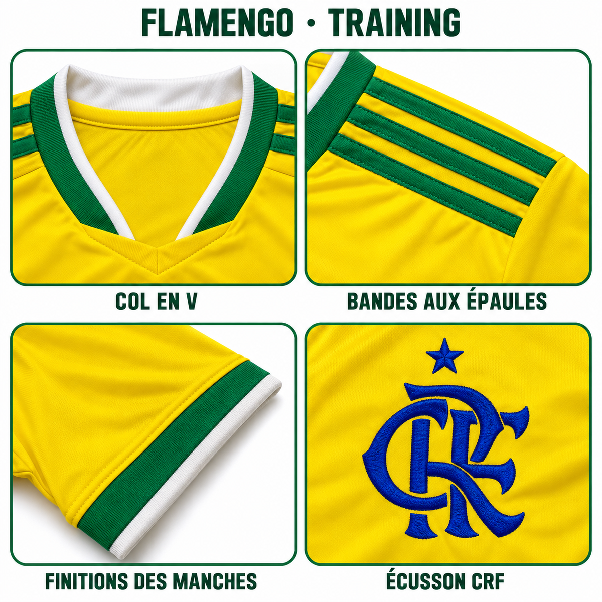 Maillot training Flamengo jaune – détails du col, des bandes, des manches et de l’écusson