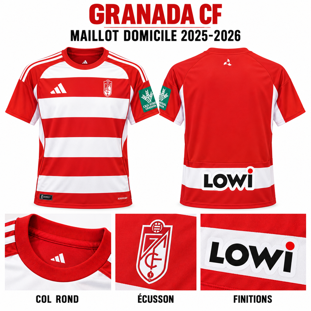 Granada CF domicile 2025-2026 – Col rond, écusson et finitions