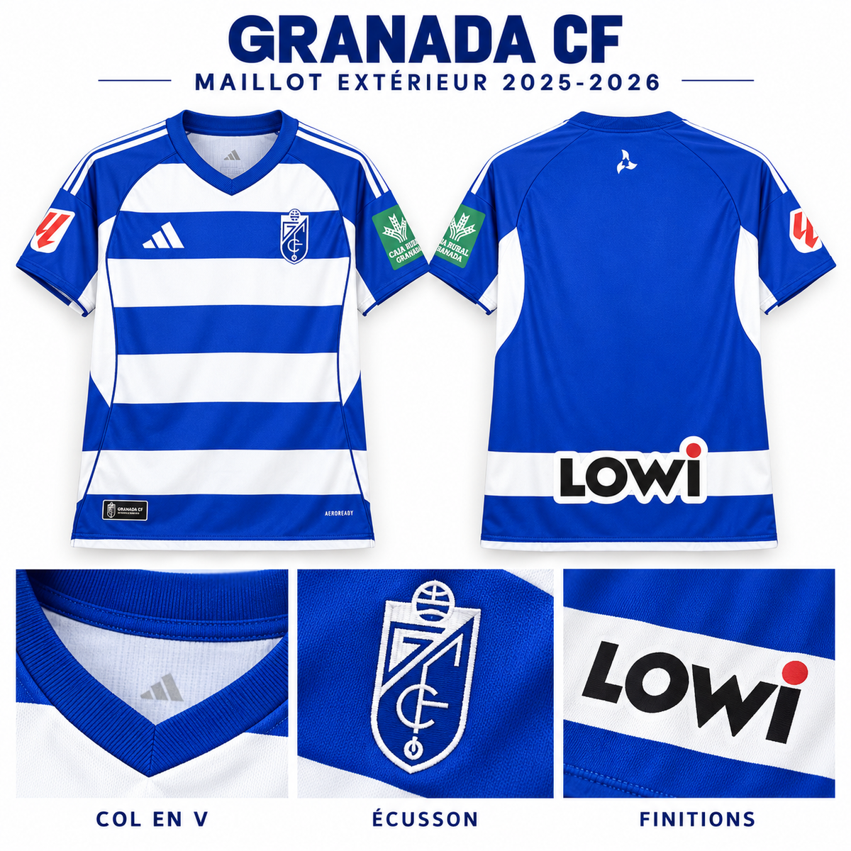 Granada CF extérieur 2025-2026 – Col, écusson et finitions