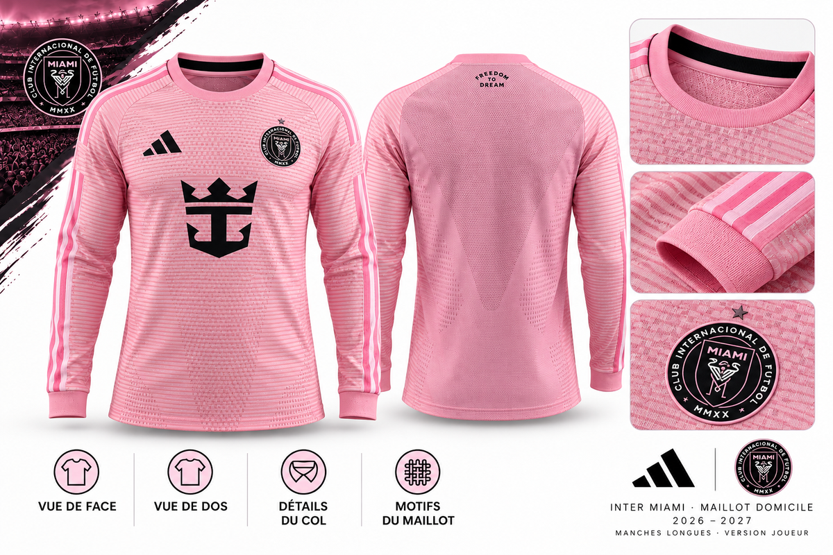 Maillot Inter Miami domicile 2026-2027 manches longues : vues de face et de dos et détails du col poignets et écusson