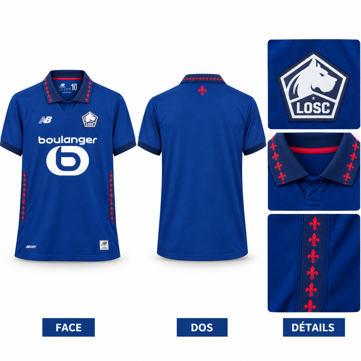Lille LOSC Third 2026-2027, face dos et détails écusson col et fleurs de lys sur fond blanc