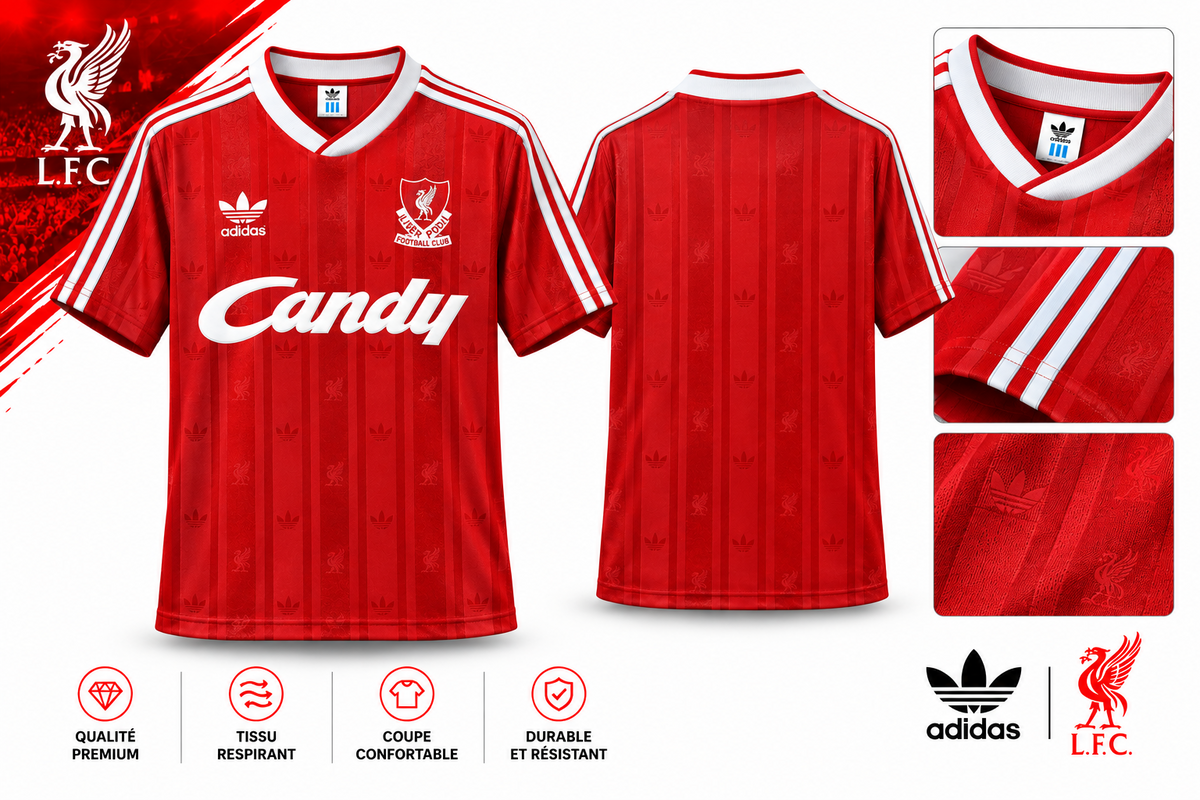 Détails du maillot Liverpool domicile 1988-1989 : col, bandes des manches et motifs