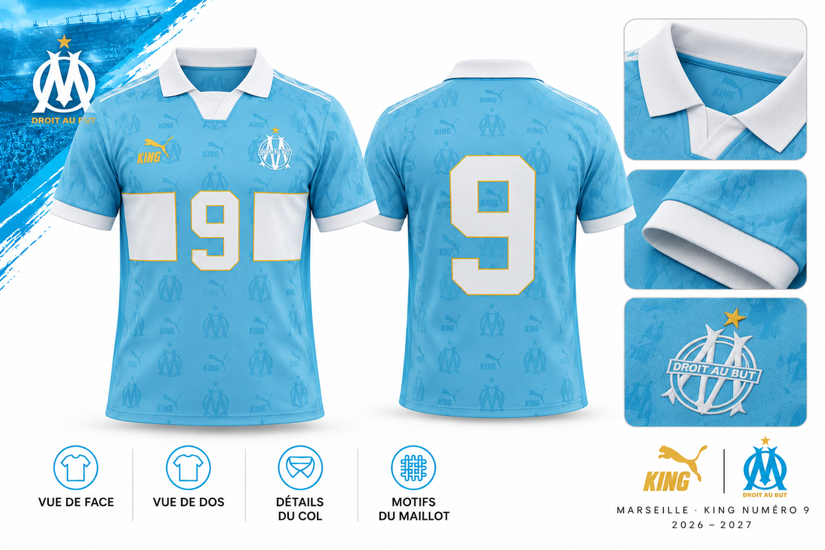 Marseille KING numéro 9 bleu 2026-2027 – face, dos et détails