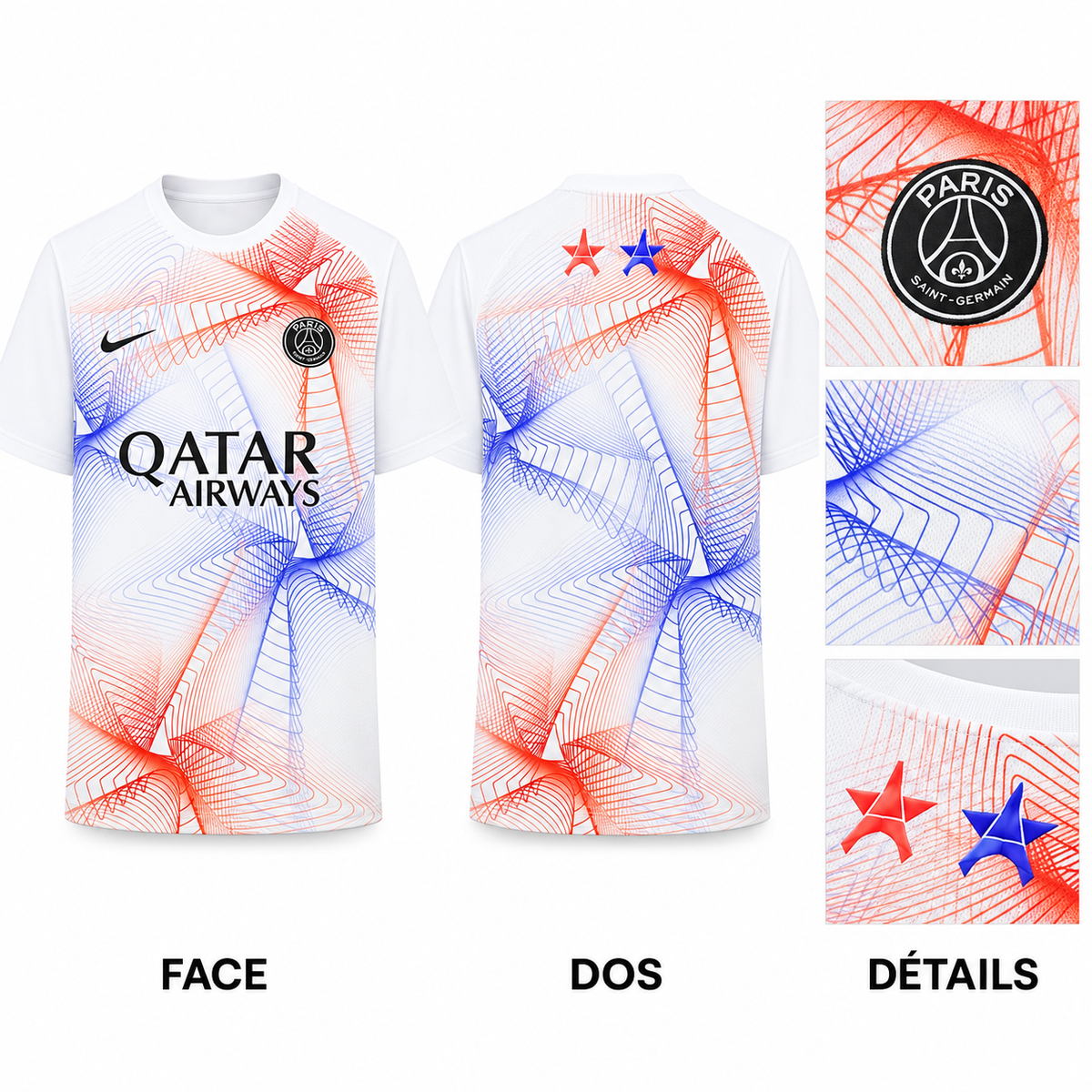 Maillot PSG Pre-Match 2026-2027, planche face dos et détails du motif et des étoiles sur fond blanc