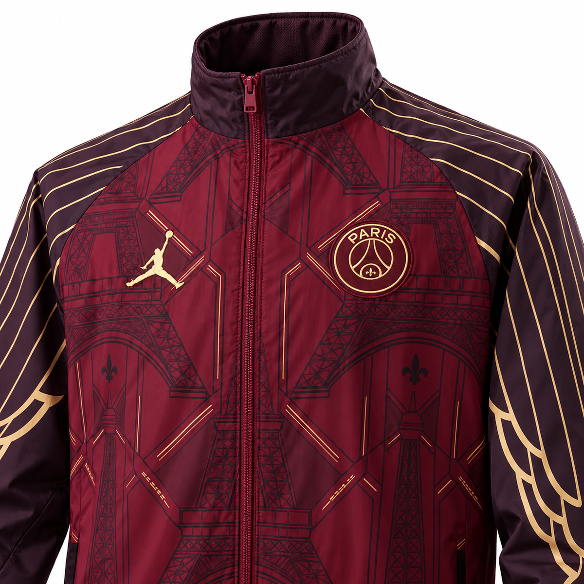 Détails du col du zip et des motifs de la veste PSG Jordan