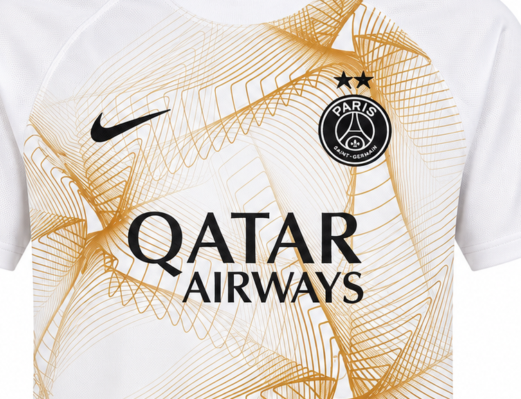Gros plan sur les motifs dorés du maillot PSG Special Edition 2026-2027