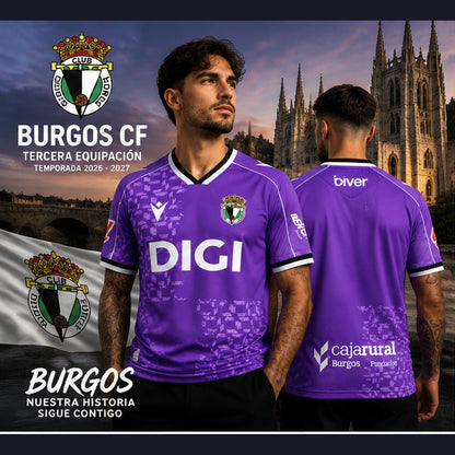 Affiche premium Burgos CF troisième maillot 2026-2027 violet, deux mannequins masculins vus de face et de dos