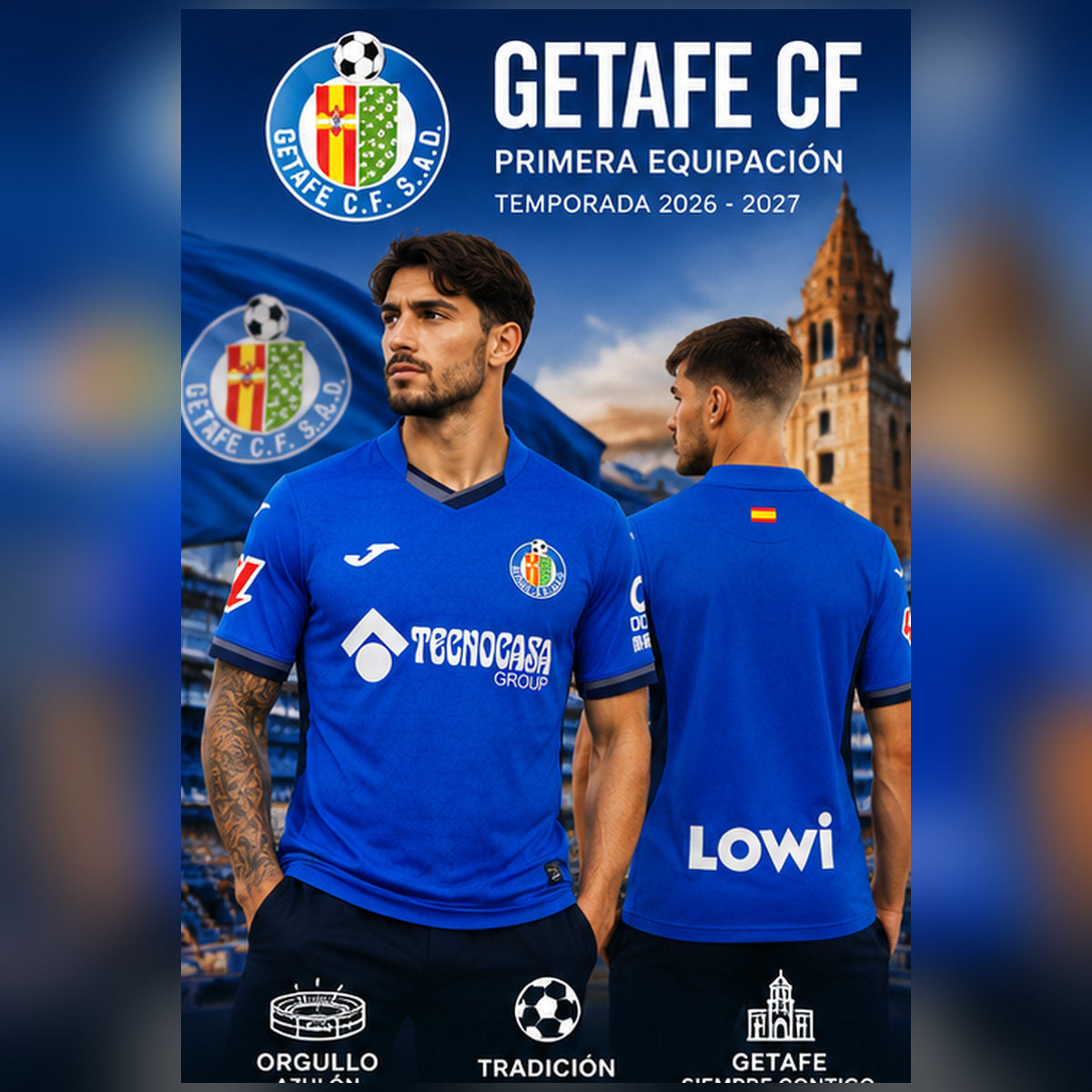 Affiche premium du maillot domicile Getafe CF 2026-2027 avec deux mannequins masculins de face et de dos