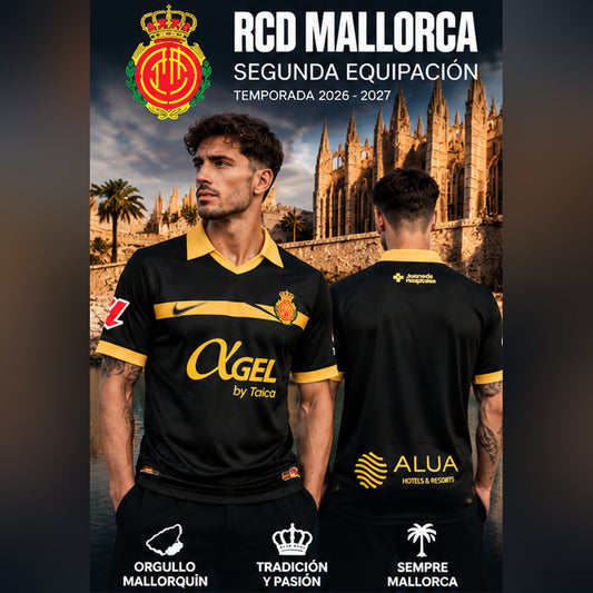 Affiche premium du maillot extérieur RCD Majorque 2026-2027 avec deux mannequins masculins de face et de dos