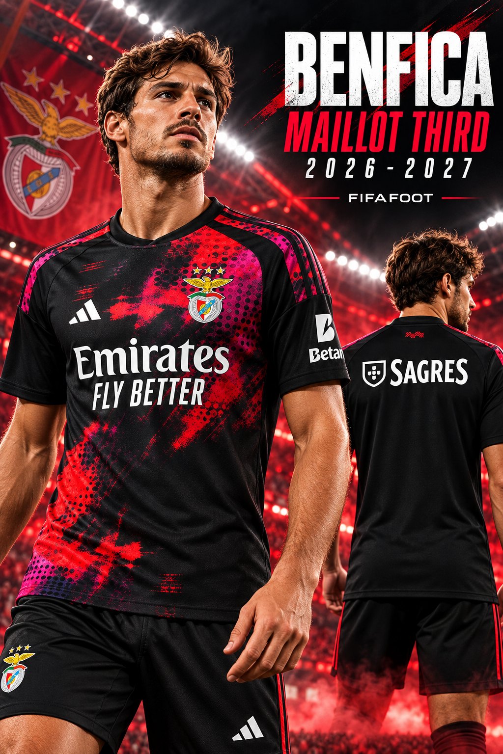 Maillot 2026-2027 – affiche portée par un mannequin brun