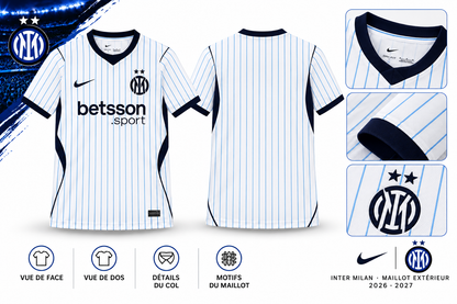 Maillot Extérieur Inter Milan 2026-2027 Blanc à Fines Rayures Bleues — vue de face, de dos et détails