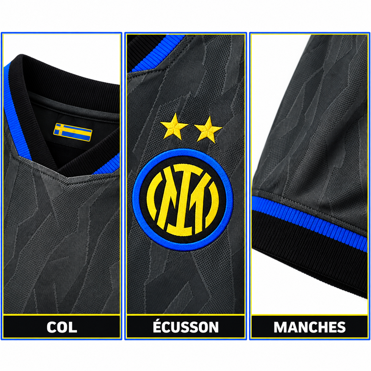 Maillot Third Inter Milan 2026-2027 Gris Anthracite Bleu & Jaune — détails du col, de l’écusson et des manches