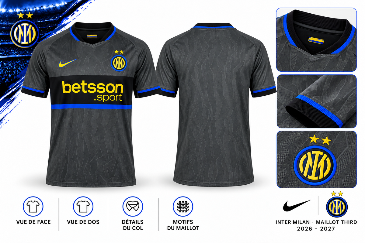 Inter Milan third 2026-2027 — vue de face, de dos et détails