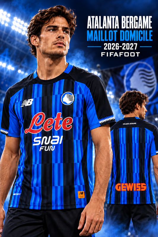 Maillot Domicile Atalanta Bergame 2026-2027 Bleu & Noir — affiche mannequin brun, sponsor GEWISS corrigé