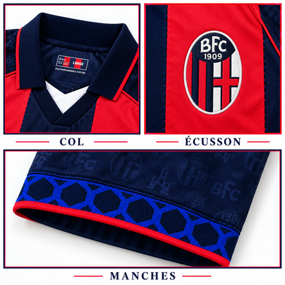 Maillot Domicile Bologne FC 2026-2027 Rouge & Bleu Marine — détails du col, de l’écusson et des manches