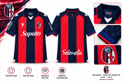 Maillot Domicile Bologne FC 2026-2027 Rouge & Bleu Marine — vue de face, de dos et détails