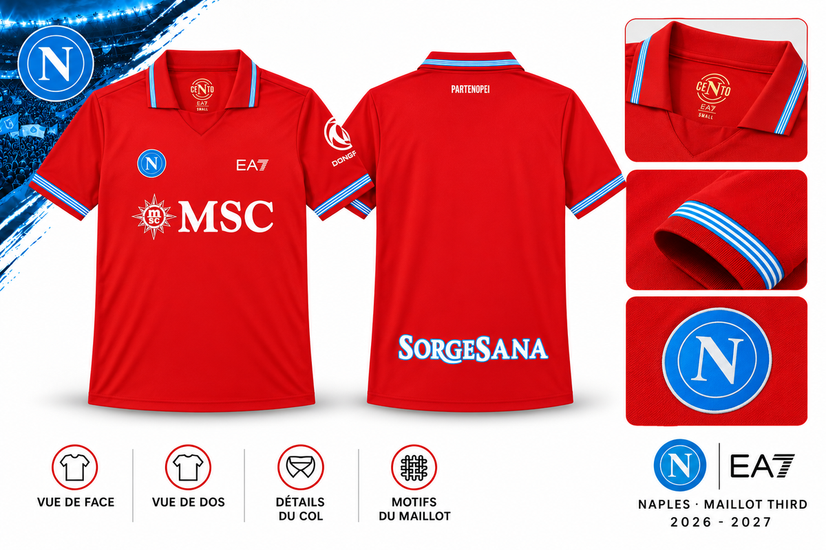 NAPLES · MAILLOT THIRD 2026-2027 — vue de face, de dos et détails