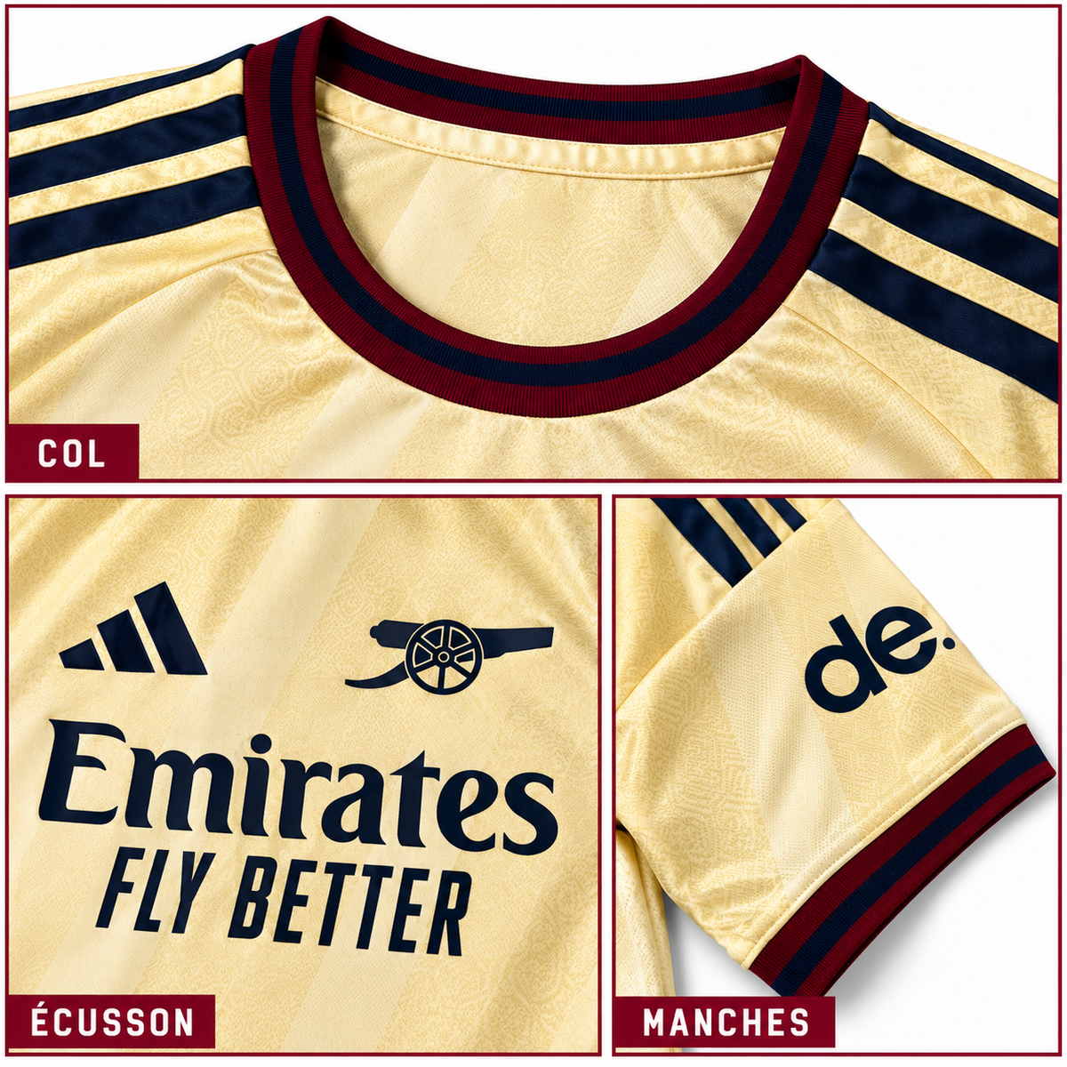 Maillot Extérieur Arsenal 2026-2027 Beige Or & Bleu Marine – Gros plans col, canon et manches