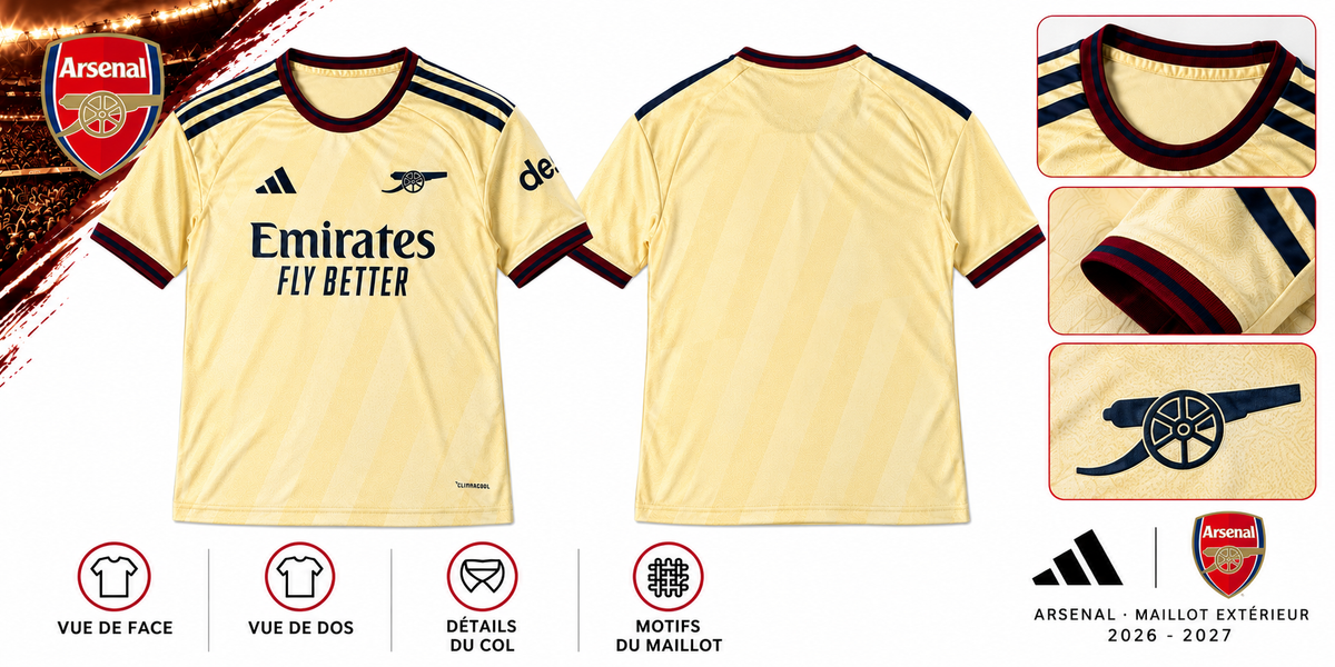 Maillot Extérieur Arsenal 2026-2027 Beige Or & Bleu Marine – Présentation face, dos et détails