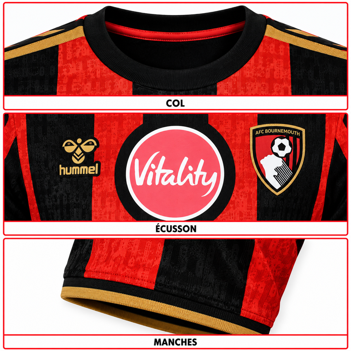 Maillot Bournemouth Domicile 2026-2027 – Rouge & Noir – Gros plans col, écusson et manches
