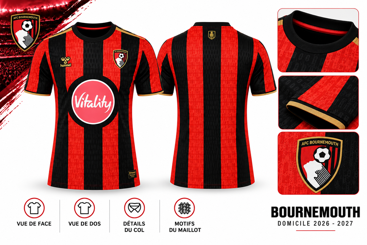 Maillot Bournemouth Domicile 2026-2027 – Rouge & Noir – Vue de face, de dos et détails