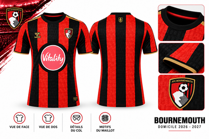 Maillot Bournemouth Domicile 2026-2027 – Rouge & Noir – Vue de face, de dos et détails