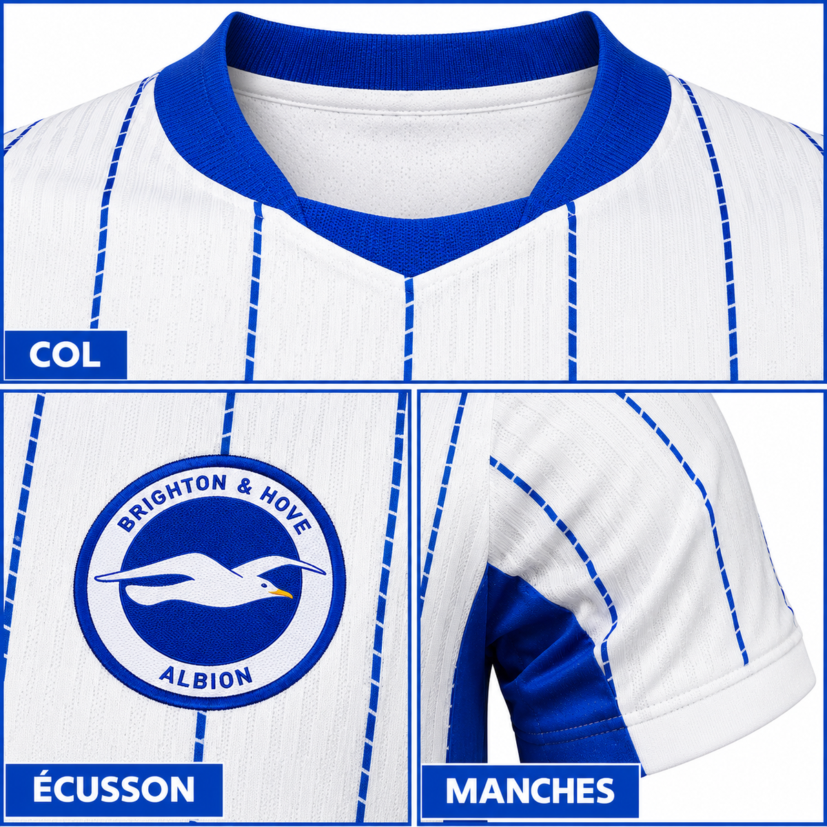 Maillot Brighton Extérieur 2026-2027 – Blanc & Bleu – Gros plans col, écusson et manches