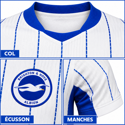 Maillot Brighton Extérieur 2026-2027 – Blanc & Bleu – Gros plans col, écusson et manches