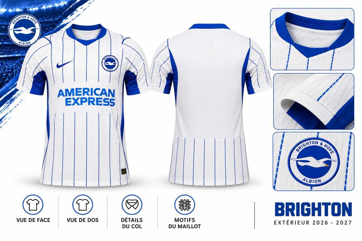 Maillot Brighton Extérieur 2026-2027 – Blanc & Bleu – Présentation face, dos et détails