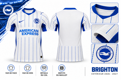 Maillot Brighton Extérieur 2026-2027 – Blanc & Bleu – Présentation face, dos et détails