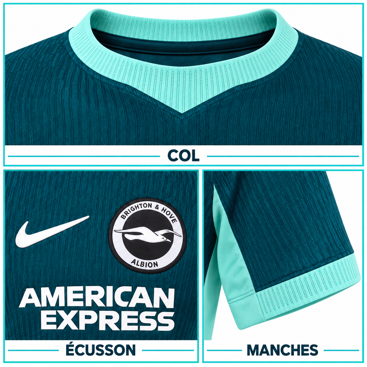 Brighton third 2026-2027 – Gros plans col, écusson, manches